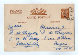 TB 4295 - 1941 - Entier Postal - Mme D. De CHAZELLES à MONTPELLIER Pour M. J. D . De CHAZELLES à ANGERS - Cartes Postales Types Et TSC (avant 1995)
