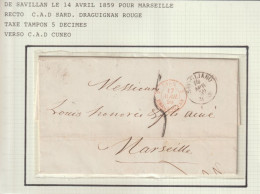 1859 - ENTREE SARDAIGNE Par DRAGUIGNAN VAR ! LETTRE De SAVILLAN (SAVIGLIANO) => MARSEILLE - Marques D'entrées