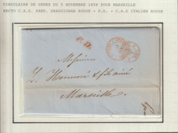 1858 - ENTREE SARDAIGNE Par DRAGUIGNAN VAR ! LETTRE PORT-PAYE (CACHETS PD + STAMP.FRANCHI) De GENOVA => MARSEILLE - Entry Postmarks