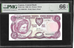 Cyprus  5 Pounds 1.10.1990 PCGS  66 PPQ (Perfect Paper Quality) GEM UNC! Low Serial Number ! - Cyprus