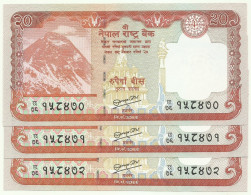 Nepal - 3 X 20 Rupees Consecutive - 2012 ( 2013 ) - Pick 71 - Unc.  - Népal