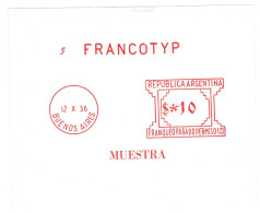 Argentine, Essai Numéroté 5, Muestra, Dim 122 X 99 Mm, FRANCOTYP 10Dollars, Sur Feuillet. Buenos Aires 12 X 36 - Unused Stamps