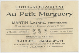 Carte Hotel Restaurant - Au Petit Marguery - Lazare Martin Propriétaire - Saulieu En Cote D'Or - Visitekaartjes