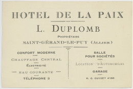 Carte Hotel De La Paix - L Duplomb - Saint Gérand Le Puy - Allier - Cartoncini Da Visita