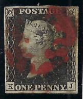 GRANDE BRETAGNE Ca.1840: Le "Penny Black" Y&T 1 Pl. 10 Lettres KJ Obl. Croix De Malte Rouge, Forte Cote - Gebruikt