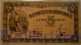 MARTINIQUE 5 FRANCS 1942 PICK 16b FINE+ W/PINHOLES - Otros – América