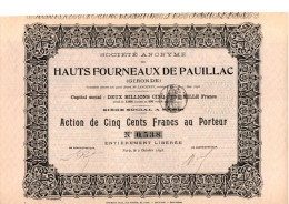 HAUTS FOURNEAUX DE PAUILLAC -GIRONDE - ACTION DE CINQ CENTS FRANCS - ANNEE 1898 - Industrial