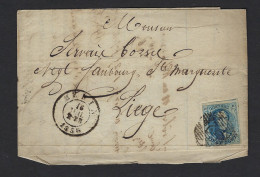 Médaillon 20 Cent  Sur Lettre MENIN Vers LIEGE Le 16/7/1856 ; état & Details Voir 2 Scans ! LOT 267 - 1849-1865 Medaillons (Varia)