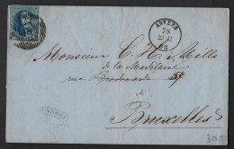 Medaillon 20 Cent  Op Brief Verzonden Van ANVERS (P4) Naar BRUXELLES IN 1862 ; Details & Staat Zie 2 Scans ! LOT 267 - 1849-1865 Medaillen (Sonstige)