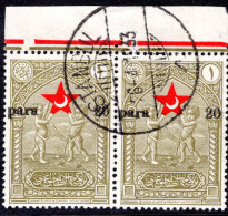 Turkey 1932 20pa On 1g Olive Fine Used Pair With Misplaced Overprint. - Oblitérés