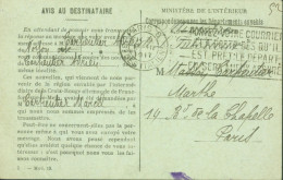 Guerre 14 CP FM Franchise Militaire Ministère De L'intérieur Correspondance Avec Les Départements Envahis CAD Paris 1917 - WW I