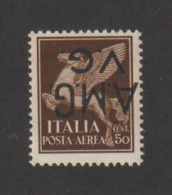 AMG - VG  VARIETA': 1945  POSTA  AEREA  SOPRAST. CAPOVOLTA  -  50 C. BRUNO  N. -  CERTIF. FILIPPO  FERRARIO  -  SASS. 1b - Ungebraucht