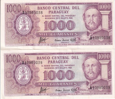 PAREJA CORRELATIVA DE PARAGUAY DE 1000 GUARANIES DEL AÑO 1952 EN CALIDAD EBC (XF) (BANK NOTE) - Paraguay