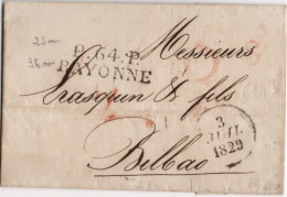 1829 Port Payé De BAYONNE Du 3 Juillet 1829, Pour BILBAO, Pli Sans Texte - 1801-1848: Précurseurs XIX