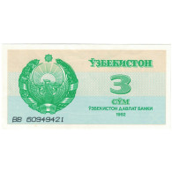 Billet, Ouzbékistan, 3 Sum, 1992, KM:62a, NEUF - Ouzbékistan