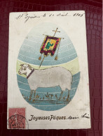 Joyeuses Pâques PAQUES * CPA Illustrateur Gaufrée Embossed Et Ajoutis Tissu Mouton * Banière * Fête * Sheep - Pâques