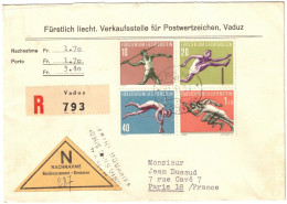 Liechtenstein - Vaduz - "Sportler" - Sport - FDC - Lettre Recommandée Pour La France - 14 Mai 1957 - Briefe U. Dokumente