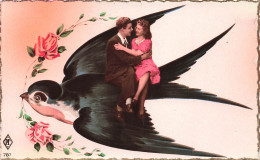 CPA - Couple Sur Une Hirondelle - Fleur - Rose - Oiseau - PF - 1943 - Carte Postale Ancienne - Couples