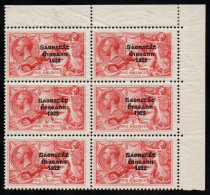 1925 5/- Corner Block Of 6 With "inner Frame Notch" R.3/3, Rare With The All-narrow Setting - Nuevos