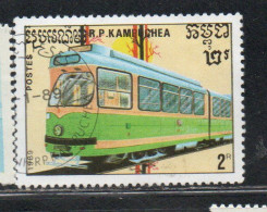 CAMBODIA KAMPUCHEA CAMBOGIA 1989 TRAINS RARIOUS LOCOMOTIVES 2r USED USATO OBLITERE' - Kampuchea