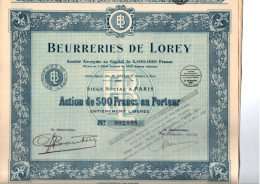 BEURRERIES DE LOREY  DIVISE EN 7000 ACTIONS  DE 500 FRS -LOT DE 10 ACTIONS - ANNEE 1936 - Agriculture