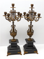 - BELLE PAIRE De BOUGEOIRS CANDELABRES 5 FEUX NAPOLEON III BRONZE MARBRE NOIR   E - Candeleros, Candelabros Y Palmatorias