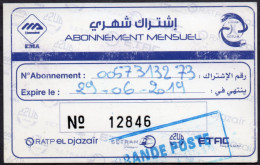 1 Monthly Subscription Card Transport Algeria 2019 Metro + Tramway - Algiers - Subway - Bus - 2 Scans Ticket - World