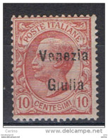 VENEZIA  GIULIA  VARIETA':  1918/19  SOPRASTAMPA  POCO  INCHIOSTRATA  -  10 C. ROSA  L. -  SASS. 22 - Venezia Giulia