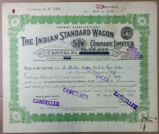 INDIA 1957 THE INDIAN STANDARD WAGON COMPANY LIMITED, MANUFACTURER RAILWAY WAGON, RAILWAY CARRIAGE....SHARE CERTIFICATE - Chemin De Fer & Tramway