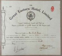 BRITISH INDIA 1915 THE GREAT EASTERN HOTEL LIMITED, HOSPITALITY BUSINESS, HOTEL.....SHARE CERTIFICATE - Tourism