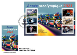 CENTRAL AFRICAN 2023 - SHEET 6V - OLYMPIC GAMES 2024 FOOTBALL TENNIS CYCLING SURF ROWING WEIGHTLIFTING WRESLING - FDC - Verano 2024 : París