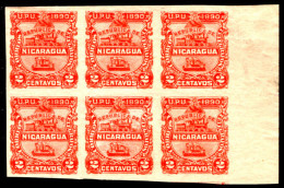 Nicaragua 1890 2c Vermillion Imperf Block Of 6 4 Stamps Unmounted Mint. - Nicaragua