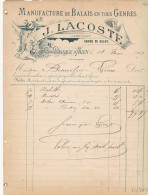  FA 3050  / FACTURE   MANUFACTURE DE BALAIS EN TOUS GENRES J. LACOSTE  PASSAGE D'AGEN    1903 - Droguerie & Parfumerie