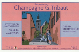 Etiquette Champagne MERVEILLE David Festival BD Hautvillers 2023 (Hello Monsieur Hulot - Eetgerei