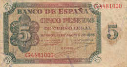 CRBS0763 BILLETE ESPAÑA 5 PESETAS 1938 MBC- - 5 Peseten