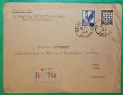 N°573 + 640 ARMOIRIES BRETAGNE COQ D'ALGER RECOMMANDE NEUILLY SUR SEINE POUR SETE HERAULT 1946 LETTRE COVER FRANCE - 1944 Coq Et Maríanne D'Alger