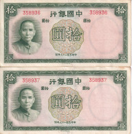 PAREJA CORRELATIVA DE CHINA DE 10 YUAN DEL AÑO 1937 EN CALIDAD EBC (XF) (BANKNOTE) - Chine