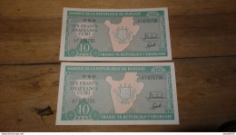 BURUNDI : 10 Francs 1991 , 2 Billets N° Consecutifs,  UNC ......... PHI ...... E2-70 - Burundi