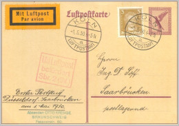 Deutsches Reich Ganzsache Postflug Düsseldorf-Saarbrücken -16-2626 - Luft- Und Zeppelinpost