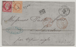 LAC ALEXANDRIE GC 3704 Egypte 1860 Pour LONDRES Par PAQUEBOT STEAMER Via MARSEILLE Affranchissement EMPIRE 80c + 40c - Covers & Documents