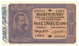 5 LIRE BIGLIETTO DI STATO EFFIGE UMBERTO I 25/10/1892 QFDS - Otros