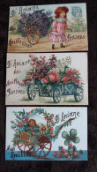 3 CPA FANTAISIE AMITIES PENSEES D ANIANE HERAULT LETTRES DOREES AUTO CHARRETTE FILLETTE FLEURS VIOLETTES ROSE TREFLE - Aniane