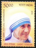 India 2016 MNH, Saint Mother Teresa Canonisation, Nobel Peace Winner - Moeder Teresa