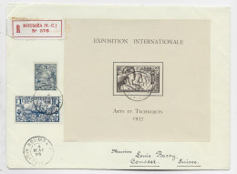 NOUVELLE CALEDONIE BLOC EXPO INTERNATIONALE ARTS TECHNIQUE 1937 + 75C+1FR LETTRE COVER REC NOUMEA 4 MAI 1935 TO SUISSE - Briefe U. Dokumente