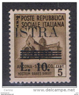 ISTRIA - OCCUPAZIONE  JUGOSLAVA:  1945  SOPRASTAMPATO  -  £. 10/10 C./5 C. BRUNO  L. -  SASS. 39 - Joegoslavische Bez.: Istrië