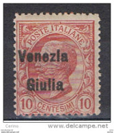 VENEZIA  GIULIA  VARIETA':  1918/19  SOPRASTAMPA  MOLTO  INCHIOSTRATA  -  10 C. ROSA  N. -  SASS. 22 - Venezia Giulia