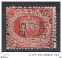 SAN  MARINO:  1877  STEMMA  -  20 C. VERMIGLIO  US. -  SASS. 4 A - Gebruikt