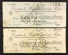 50+100 LIRE RSI CASSA DI RISPARMIO DI PISA 1944 ASSEGNO A TAGLIO FISSO LOTTO 1105 - Otros & Sin Clasificación