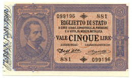 5 LIRE BIGLIETTO DI STATO EFFIGE UMBERTO I 25/10/1892 FDS-/FDS - Otros
