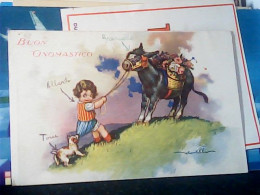 ILLUSTRATA BAMBINA TIRA ASINO CESTE FIORI ILLUSTRATORE CASTELLI  V1946 JL493 Scritte Biro - Castelli